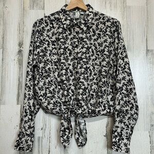 Joie Cream Black Leaf Print Button Front Tie Shirt Size M